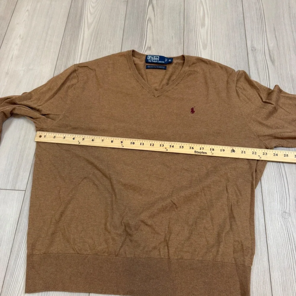 Polo Ralph Lauren Mens XL Brown V-Neck Cotton Cashmere Knit Pony Logo Sweater